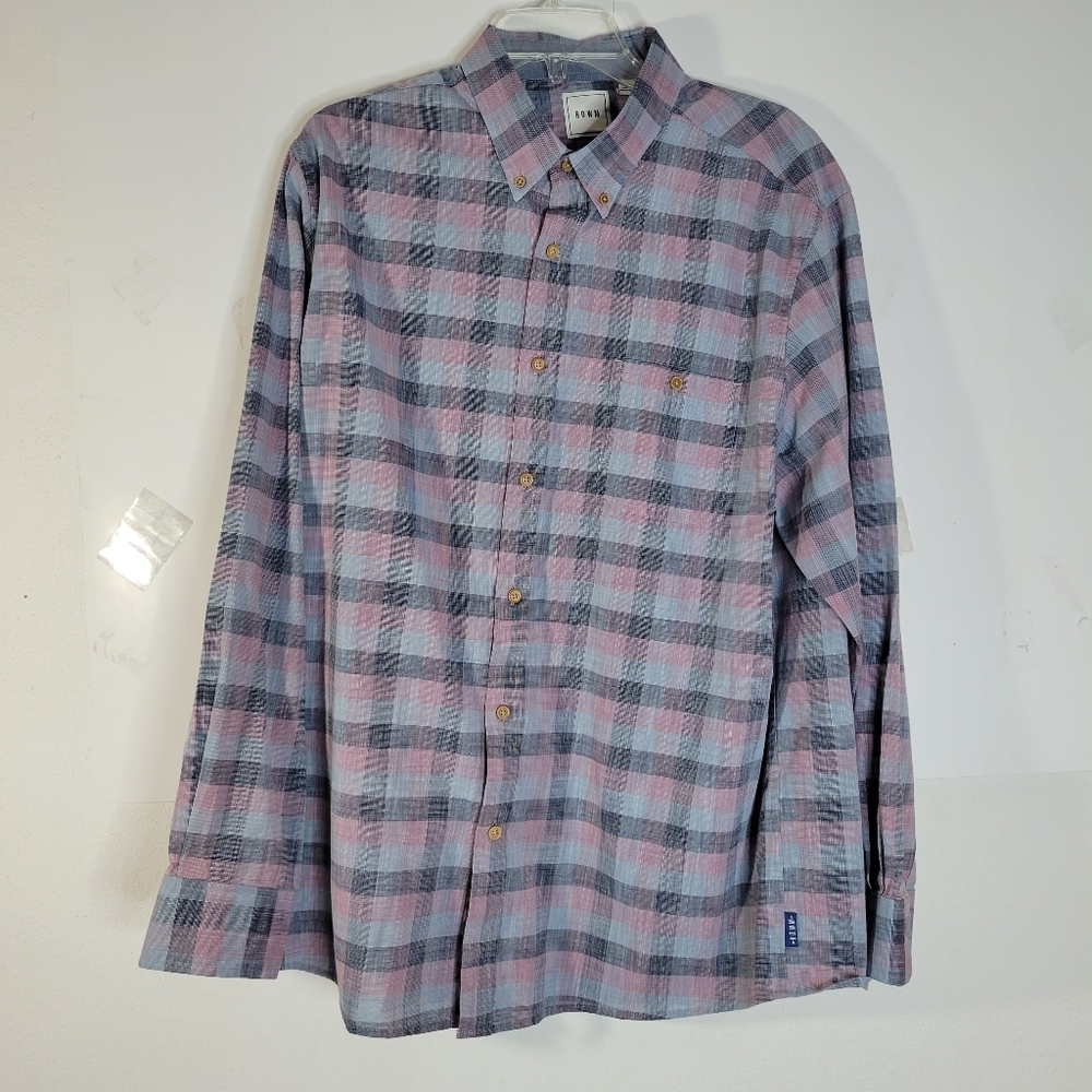 Mens ROWM Long Sleeve 100% Cotton Gray/pink/black Button front Shirt size XL - Picture 2 of 12